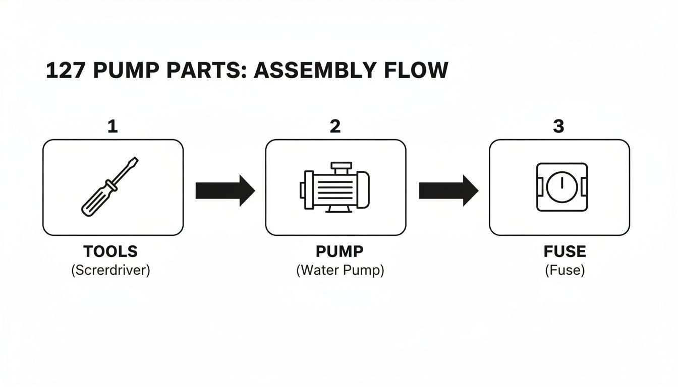 Assembly flow diagram for pump parts illustrating tools, pump, and fuse in a sequential process.