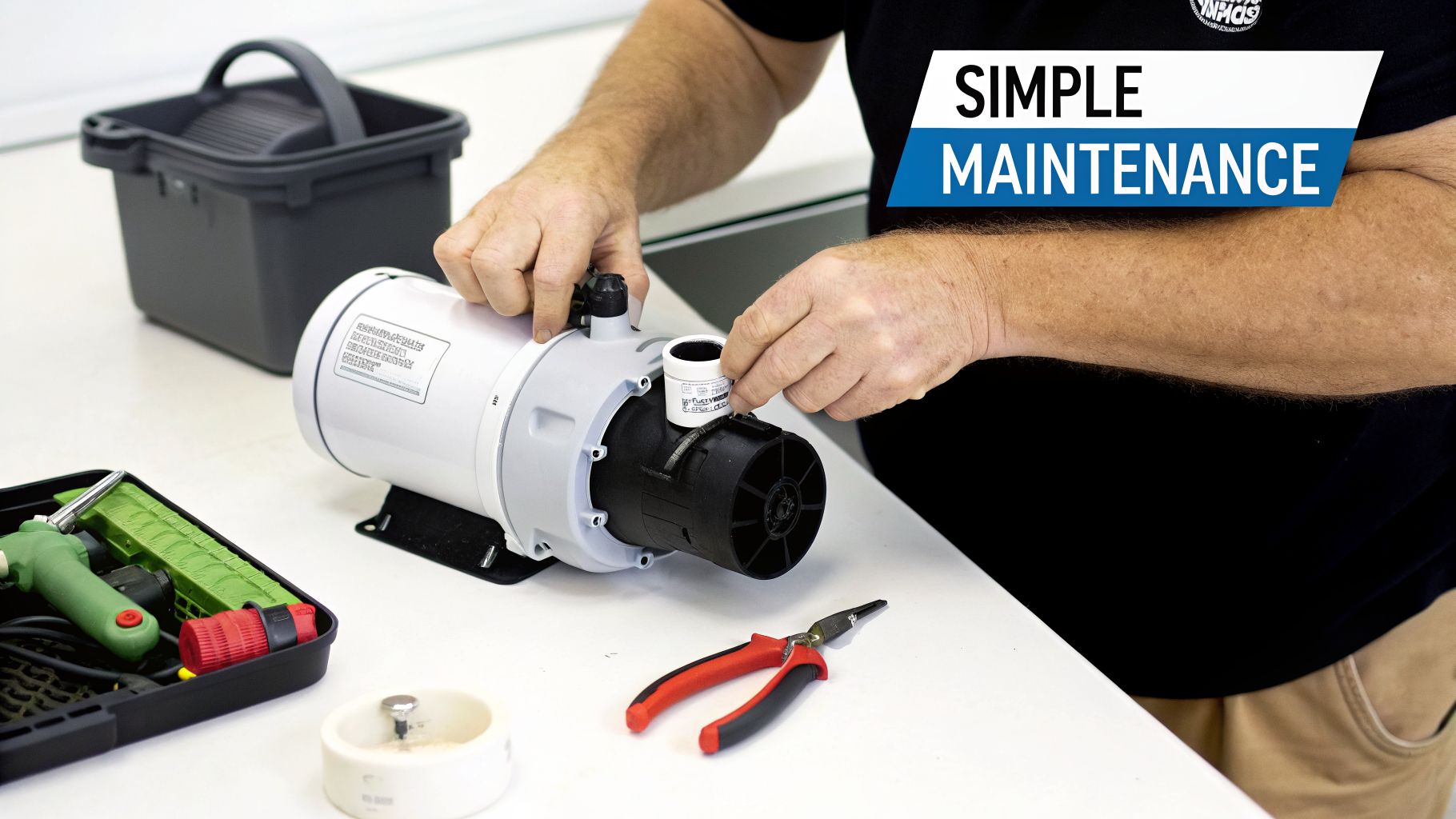 A person performing simple maintenance on a 12V water pump, surrounded by tools on a white table.