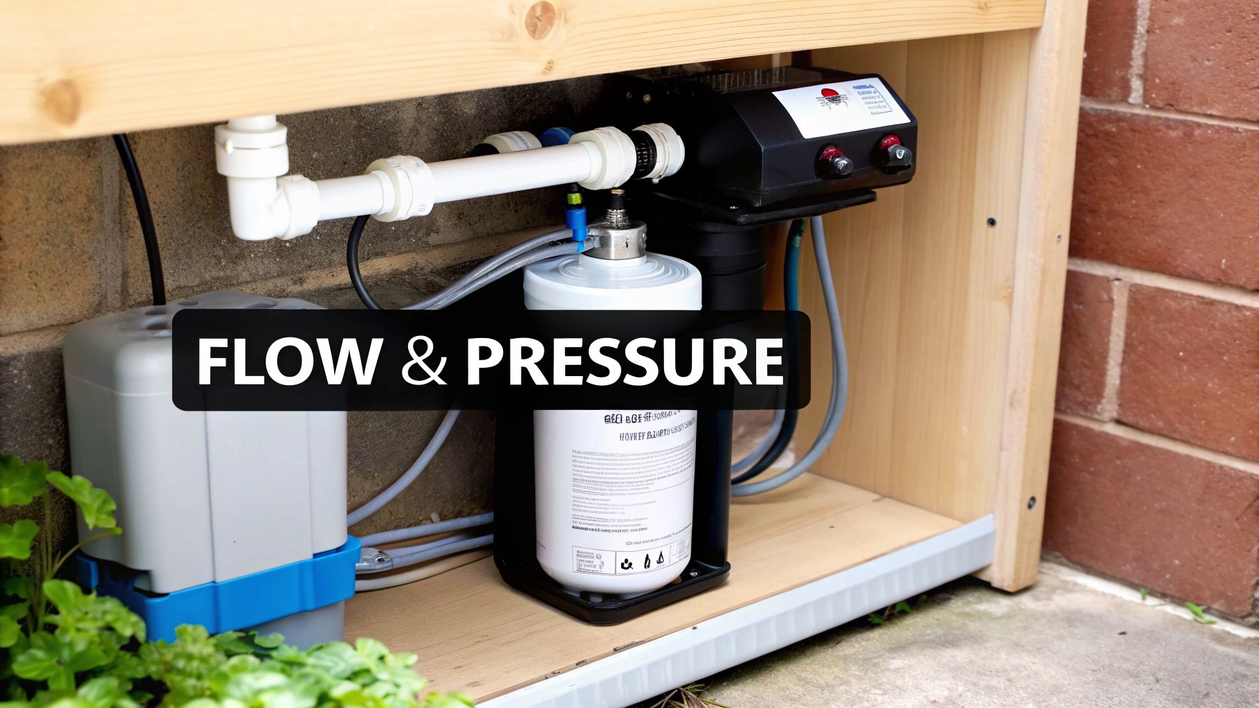 Outdoor water pump and filter system with pipes, housed in a wooden structure against a brick wall.