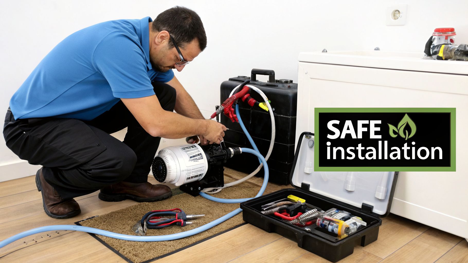 Man in blue shirt installing a water pump with hoses and tools, emphasizing safe installation.