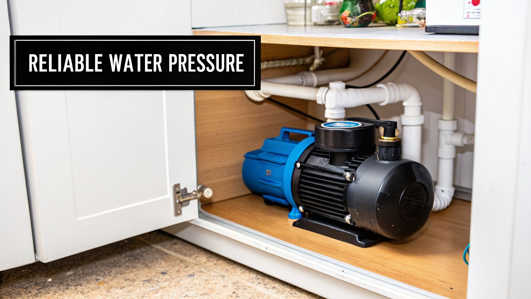 A blue and black water pump installed under a modern kitchen cabinet for reliable water pressure.