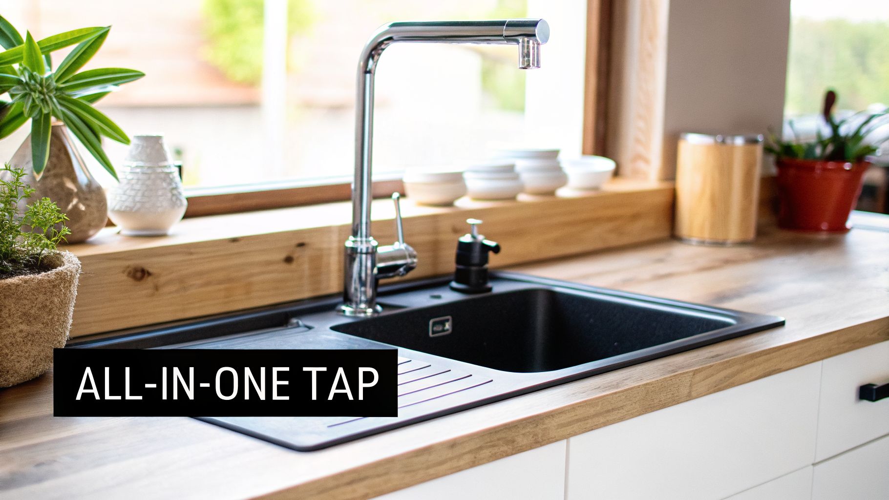 A modern kitchen sink area with a chrome all-in-one tap, black sink, and wooden countertop.