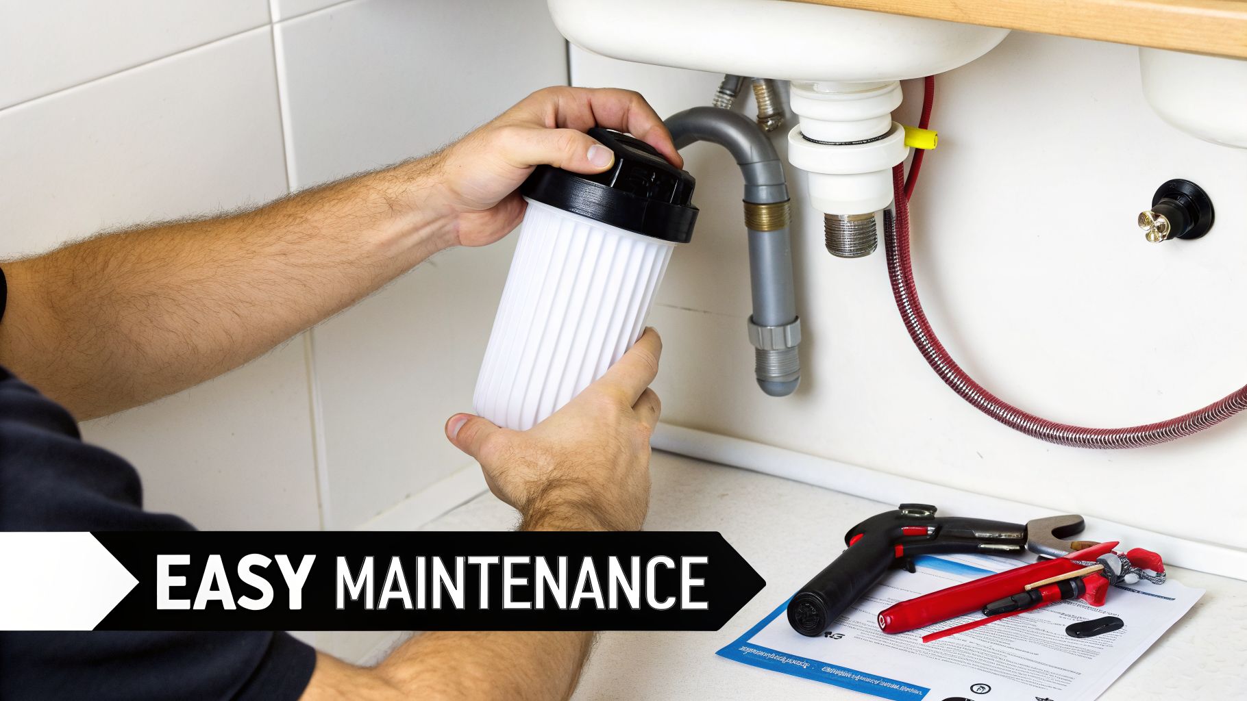 Close-up of hands installing a new water filter cartridge under a kitchen sink.