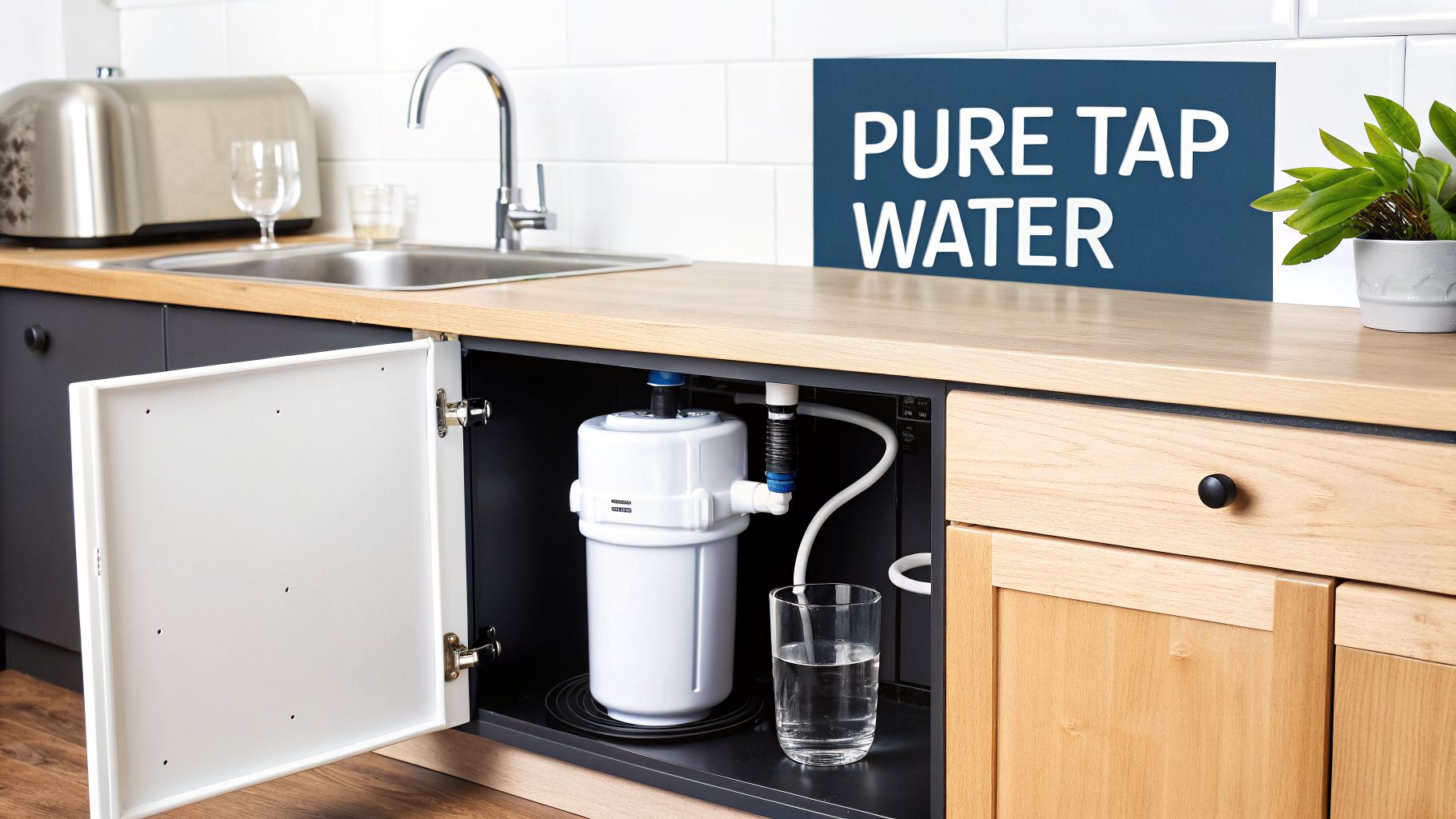 An under-sink water filter system is visible in a modern kitchen with a glass of pure tap water.