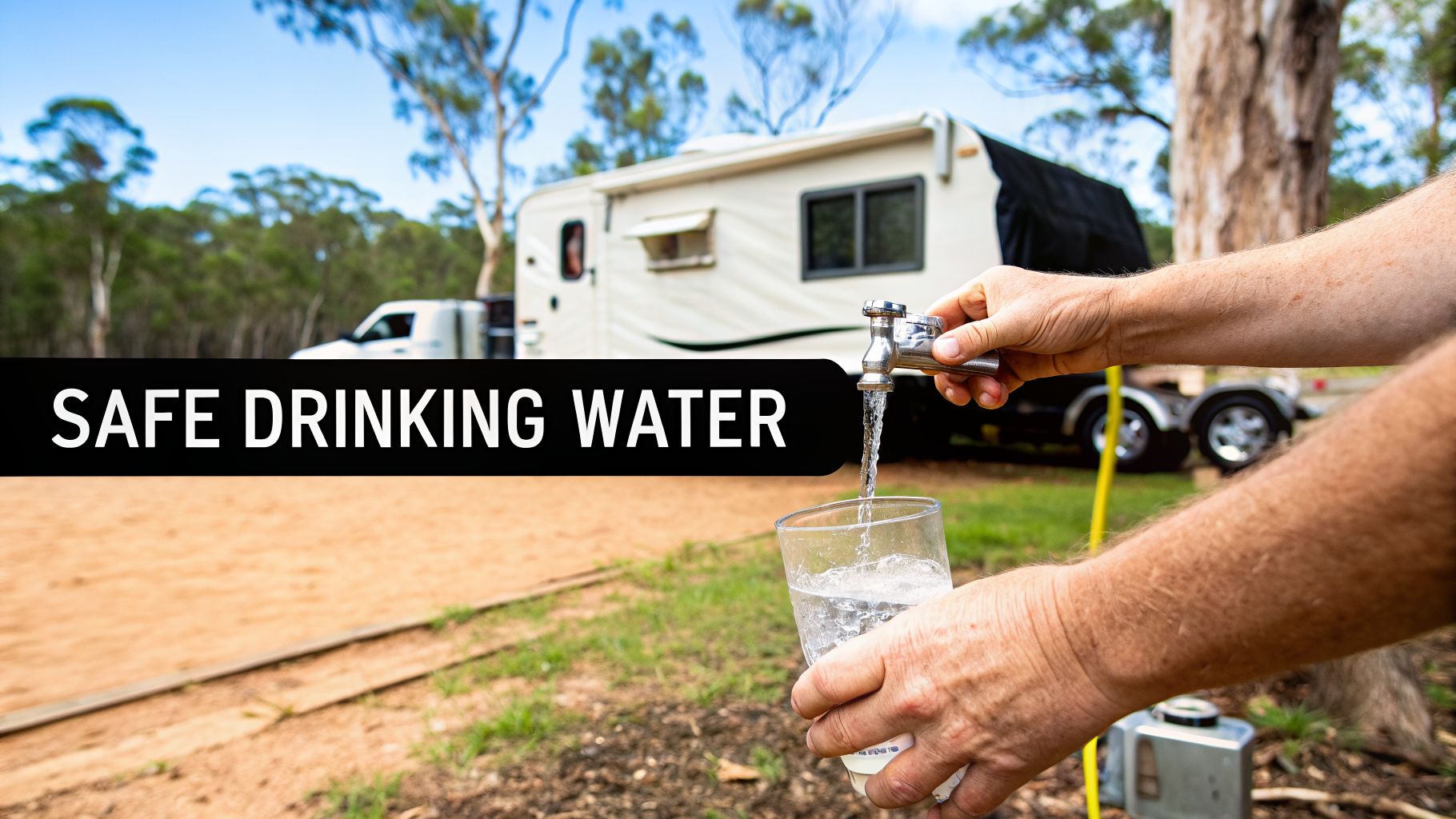 Hands fill a glass with safe drinking water from a tap at a caravan campsite.