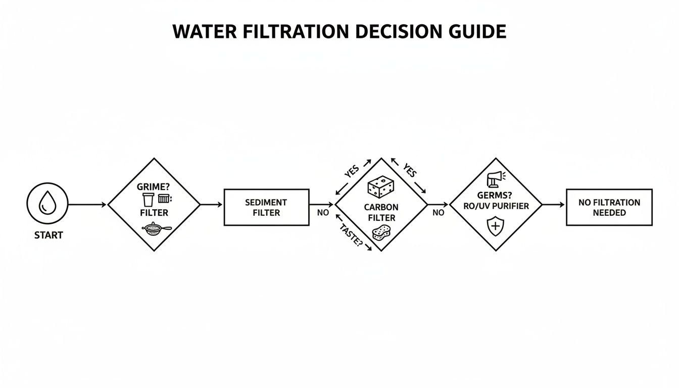 A water filtration decision guide flowchart for clean water based on grime, taste, and germs.