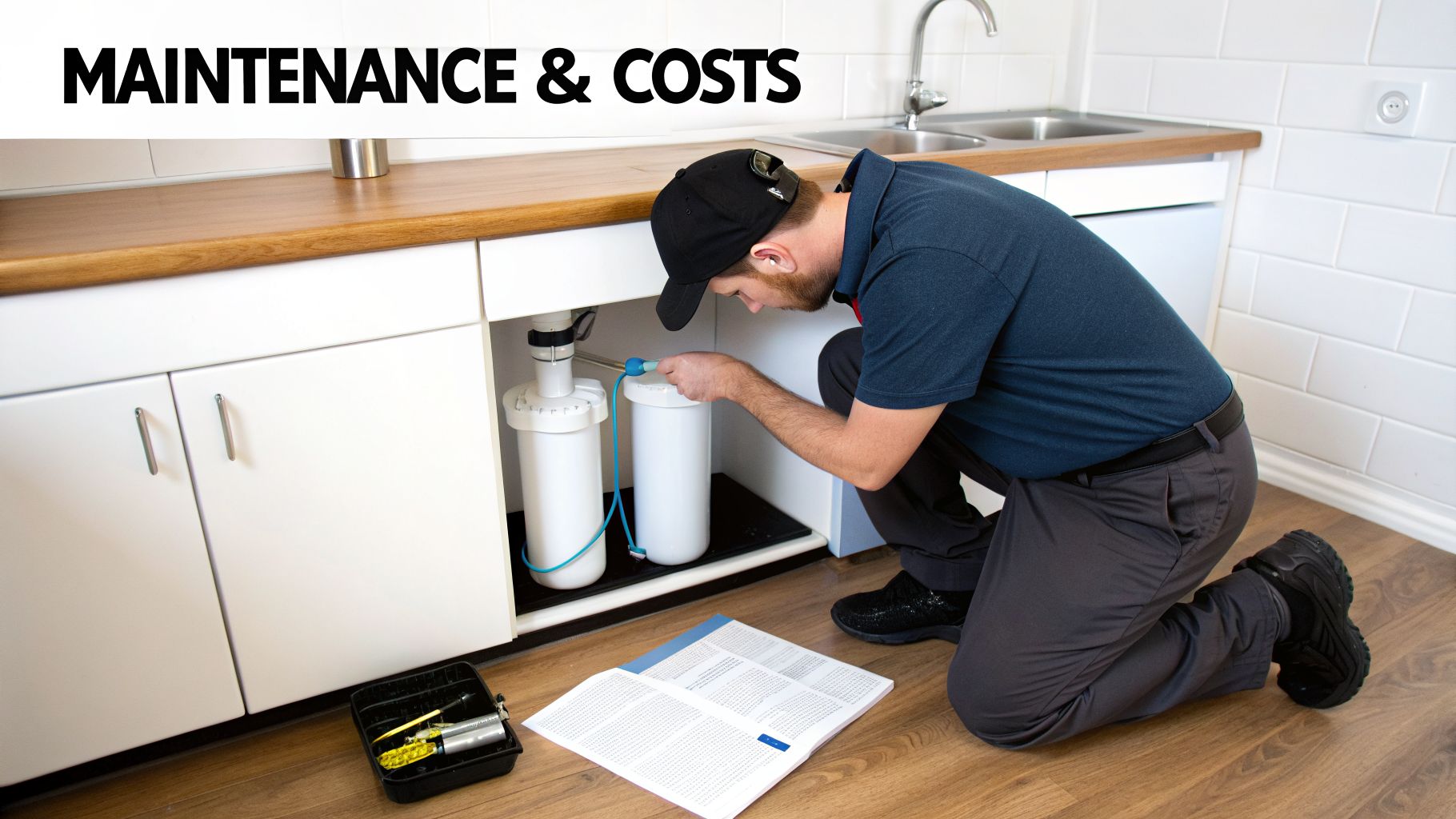 A man performs maintenance on two white water filtration systems under a kitchen sink.
