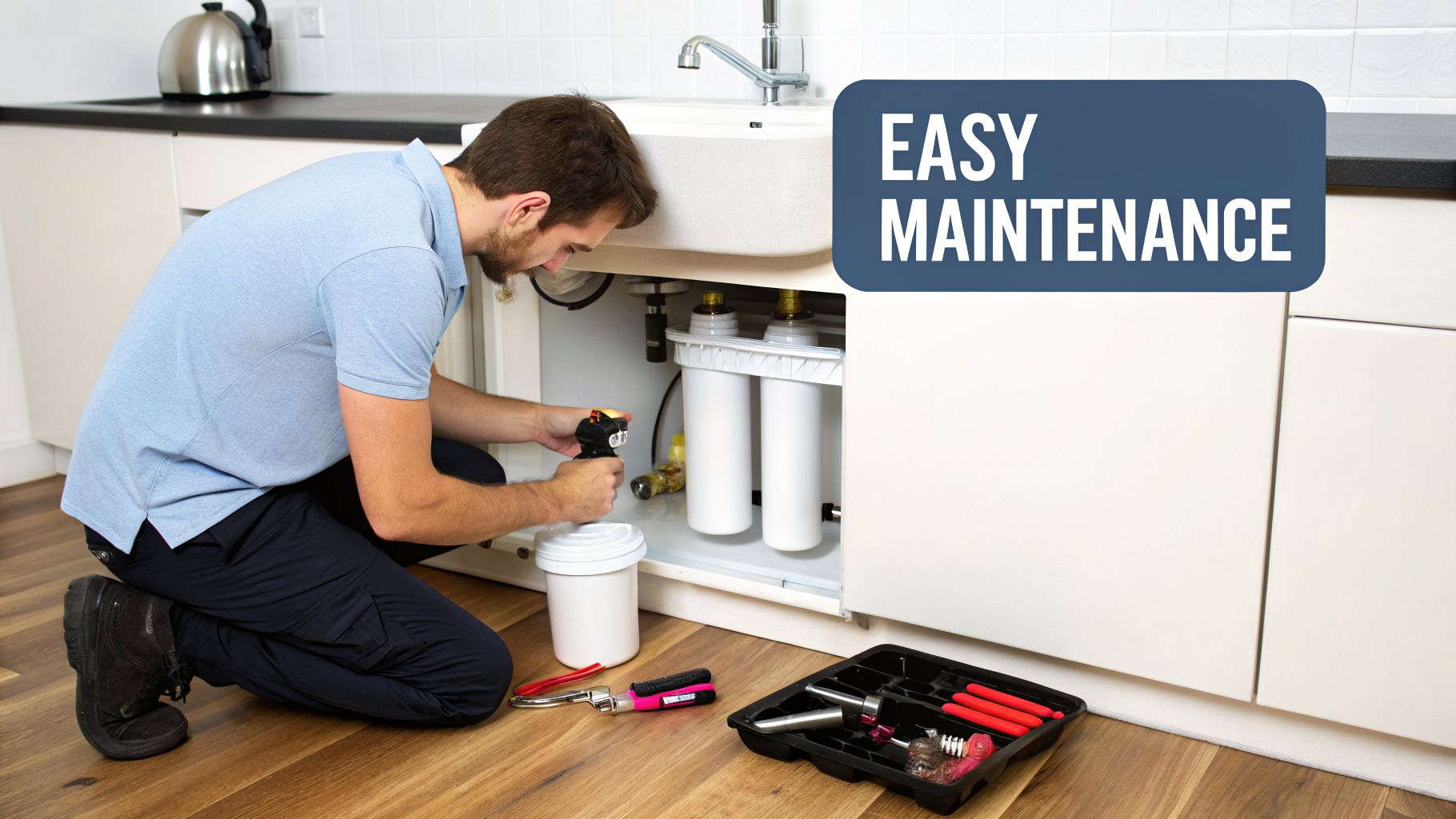 A man kneels under a kitchen sink, performing maintenance on a water filtration system. Text overlay: EASY MAINTENANCE.