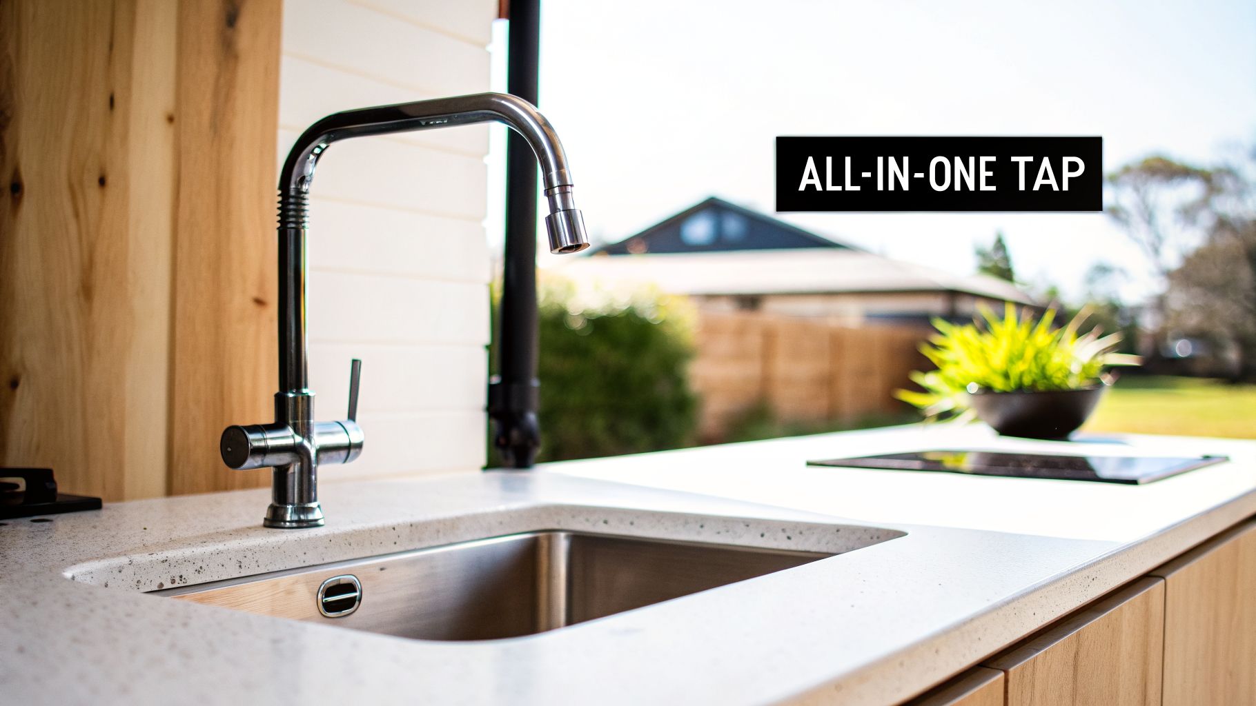 A shiny chrome all-in-one kitchen tap over a modern sink with a speckled countertop and wooden cabinets.