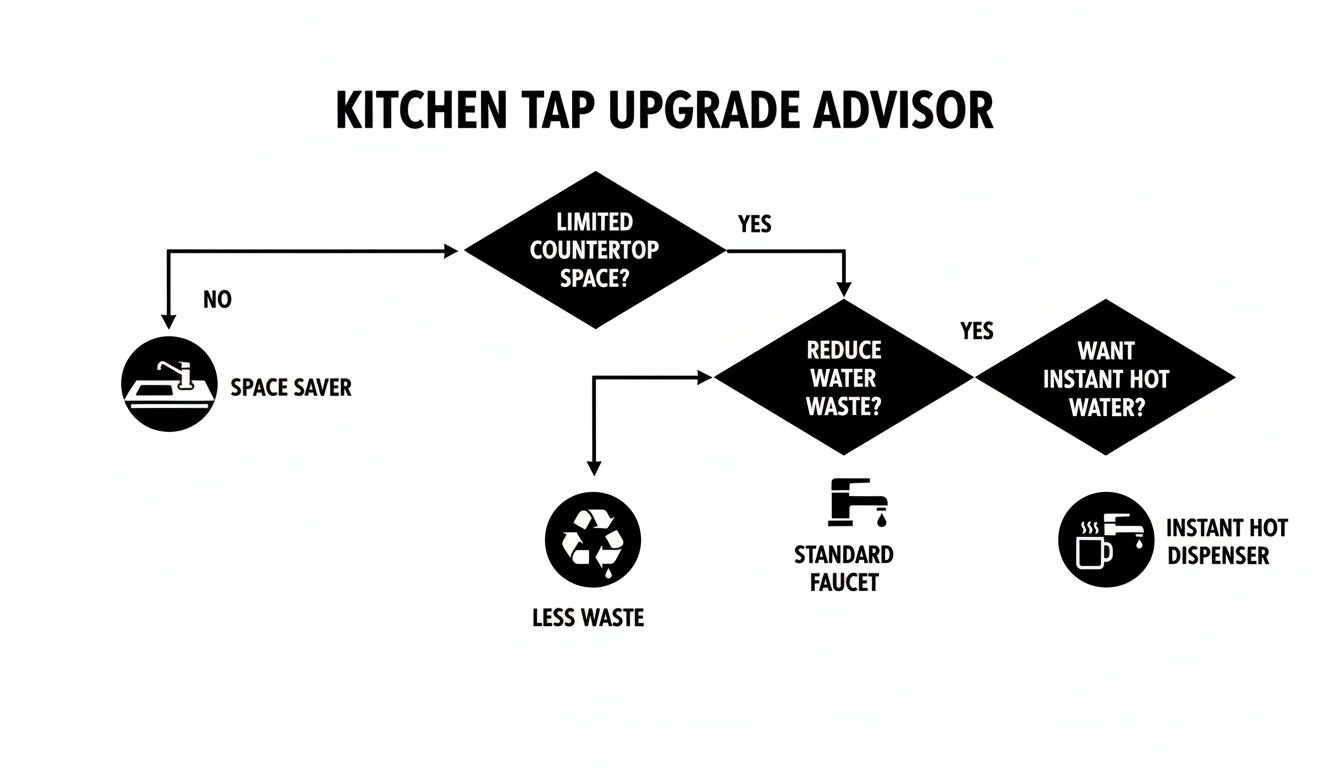 Flowchart advising on kitchen tap upgrades based on space, water waste, and instant hot water needs.