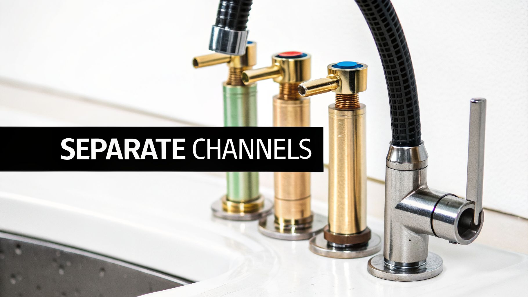 Close-up of four distinct kitchen taps with metallic finishes, showcasing separate water channels.