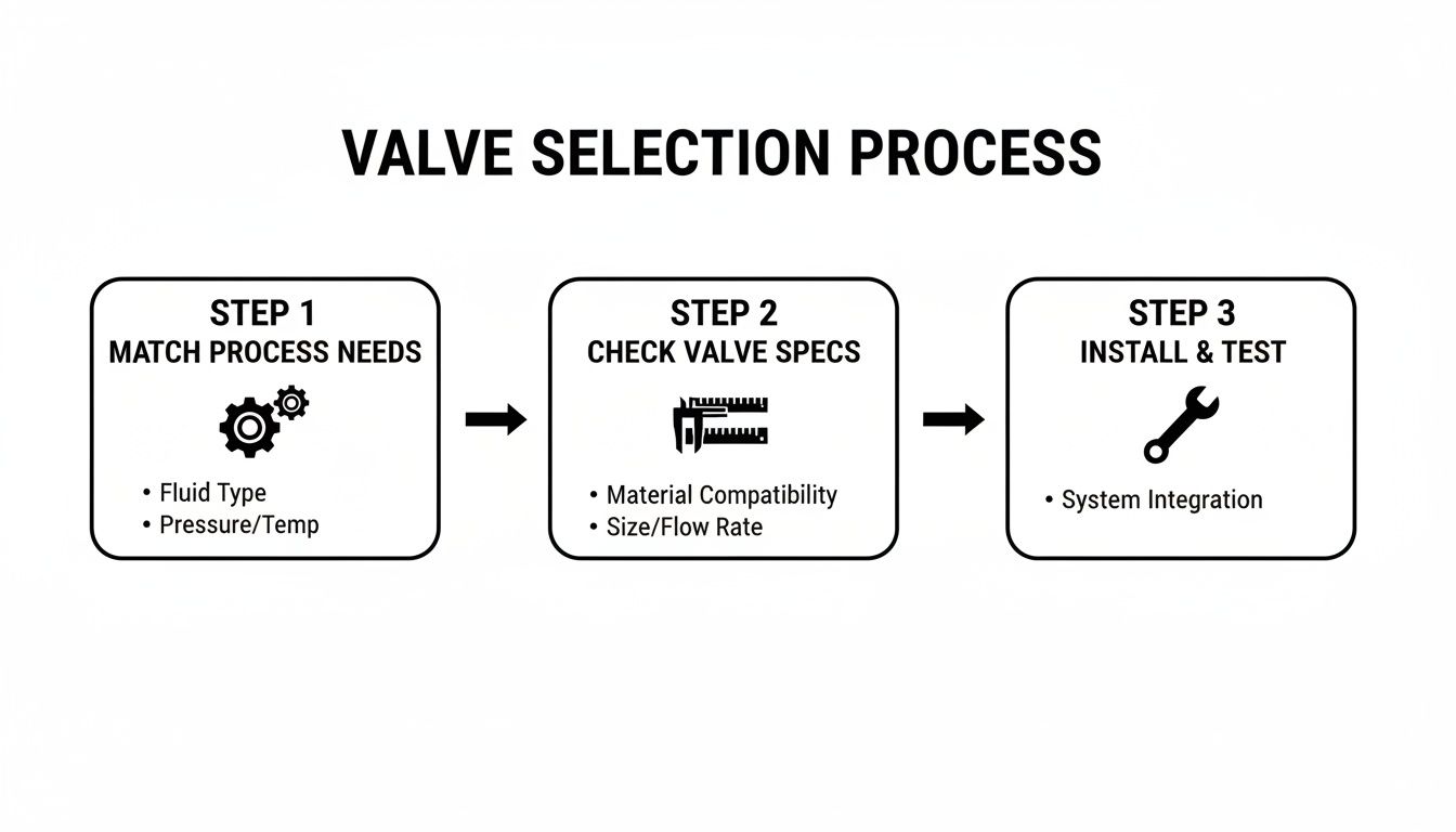 Flowchart illustrating the three-step valve selection process, covering matching process needs, checking specs, and installation.