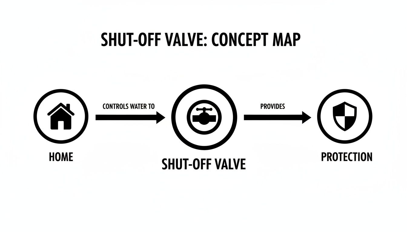 Concept map illustrating how a shut-off valve controls water flow for home protection.