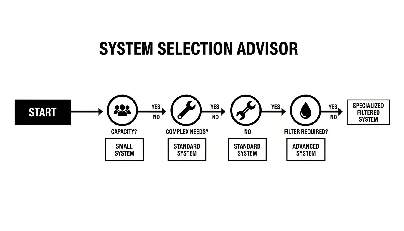 Flowchart for a system selection advisor, guiding users based on capacity, complex needs, and filter requirements.
