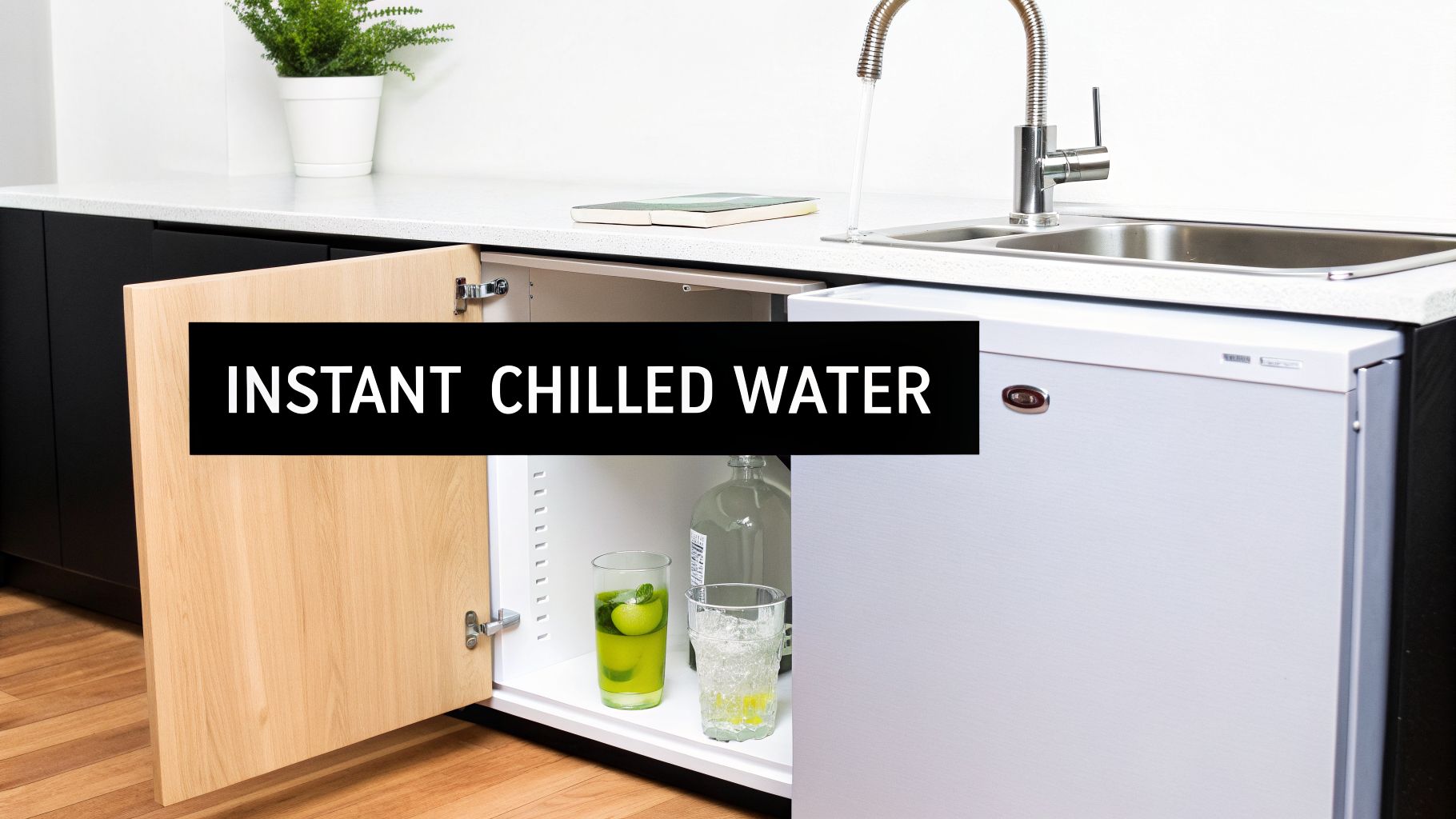 Open cabinet in a modern kitchen revealing an under-sink water chiller with cold beverages.