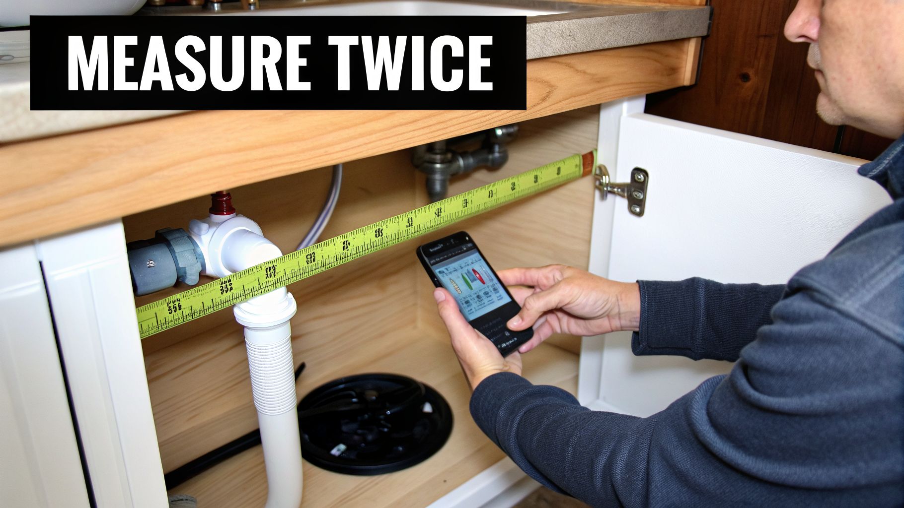 Man measuring inside an under-sink cabinet with a tape measure and checking a smartphone.