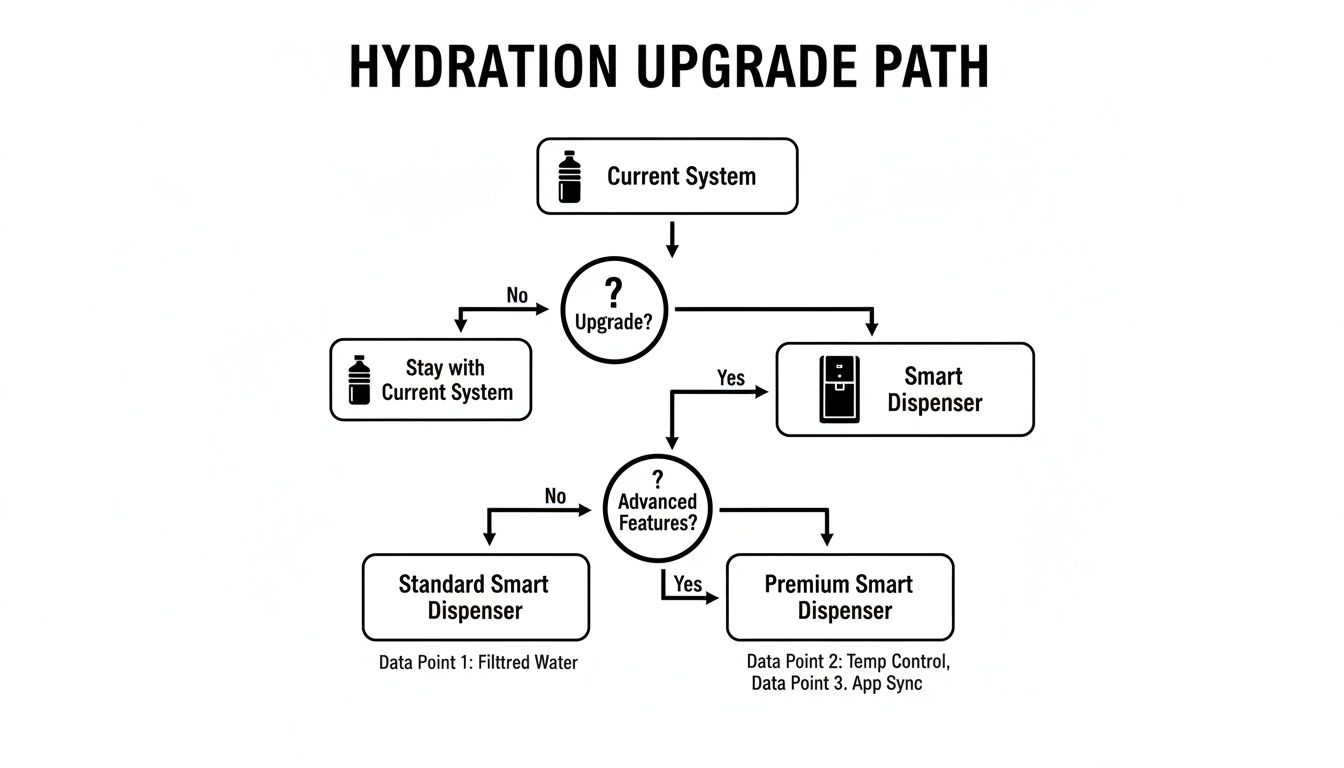 A flowchart illustrating the hydration upgrade path, from current system to smart dispensers.