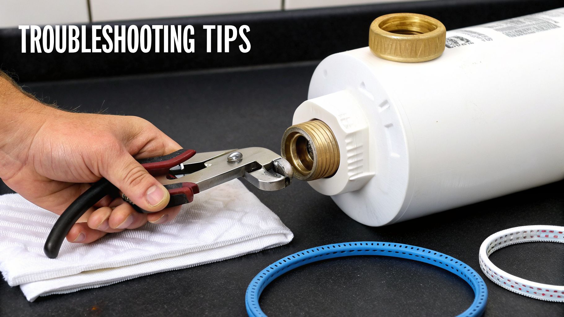 A person's hand uses pliers to work on a brass fitting of a white water filter housing, with O-rings nearby.