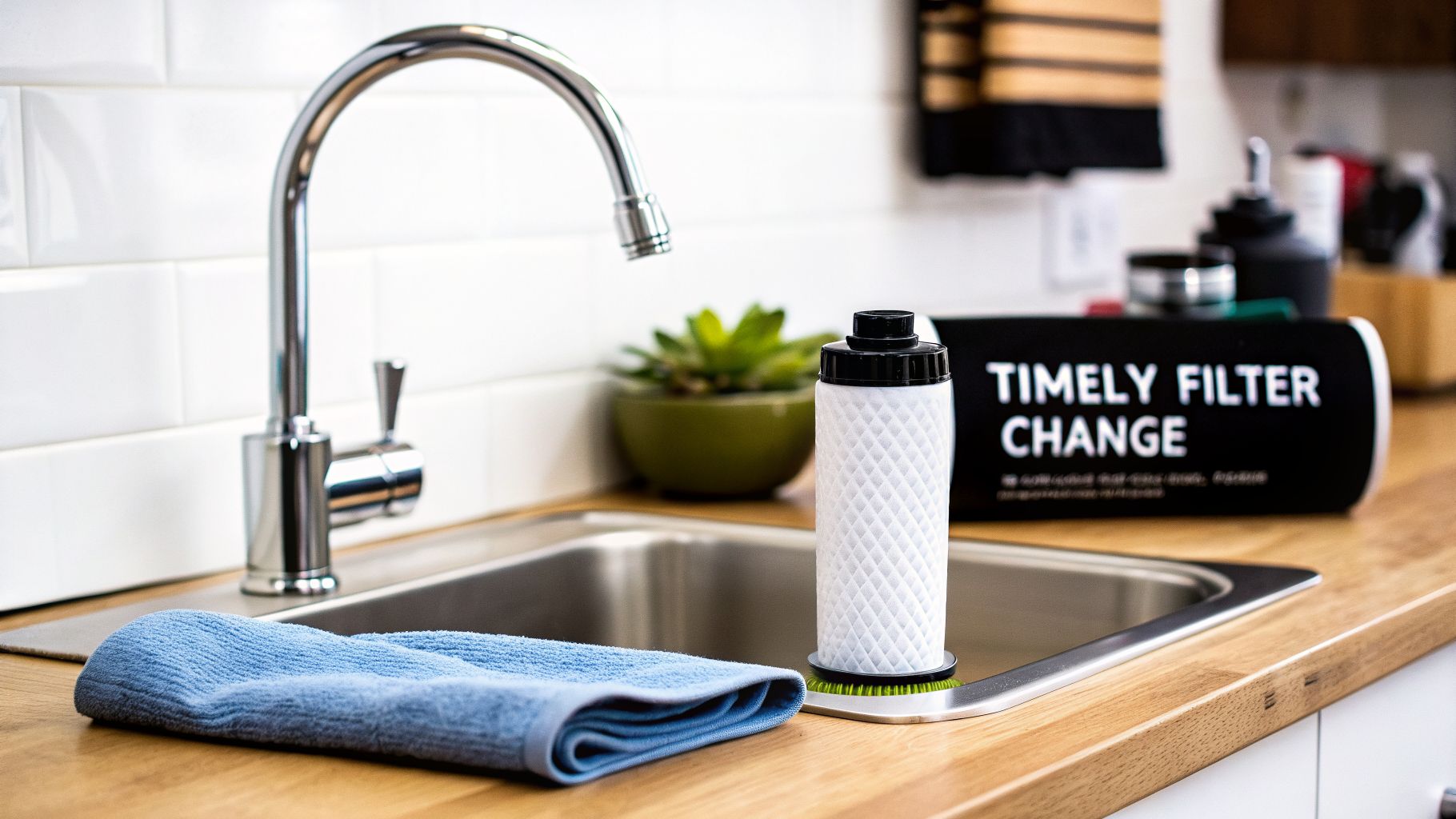 A new water filter stands in a modern kitchen sink next to a blue cloth and a filter change reminder.