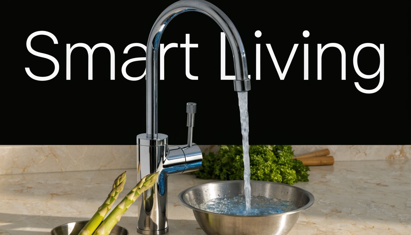 A modern chrome 3-way kitchen mixer tap pouring water into a metal bowl on a marble countertop.