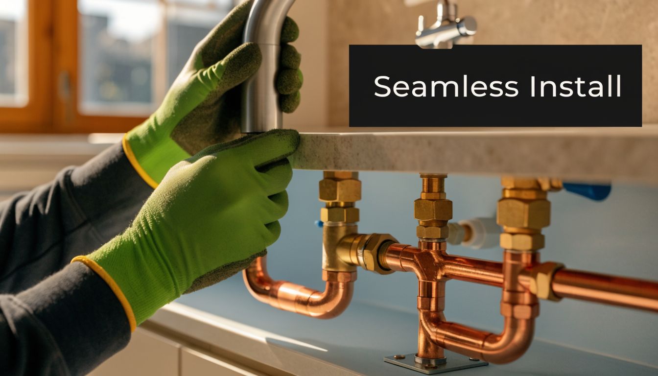A professional plumber wearing green gloves installs a modern kitchen faucet underneath the sink counter.