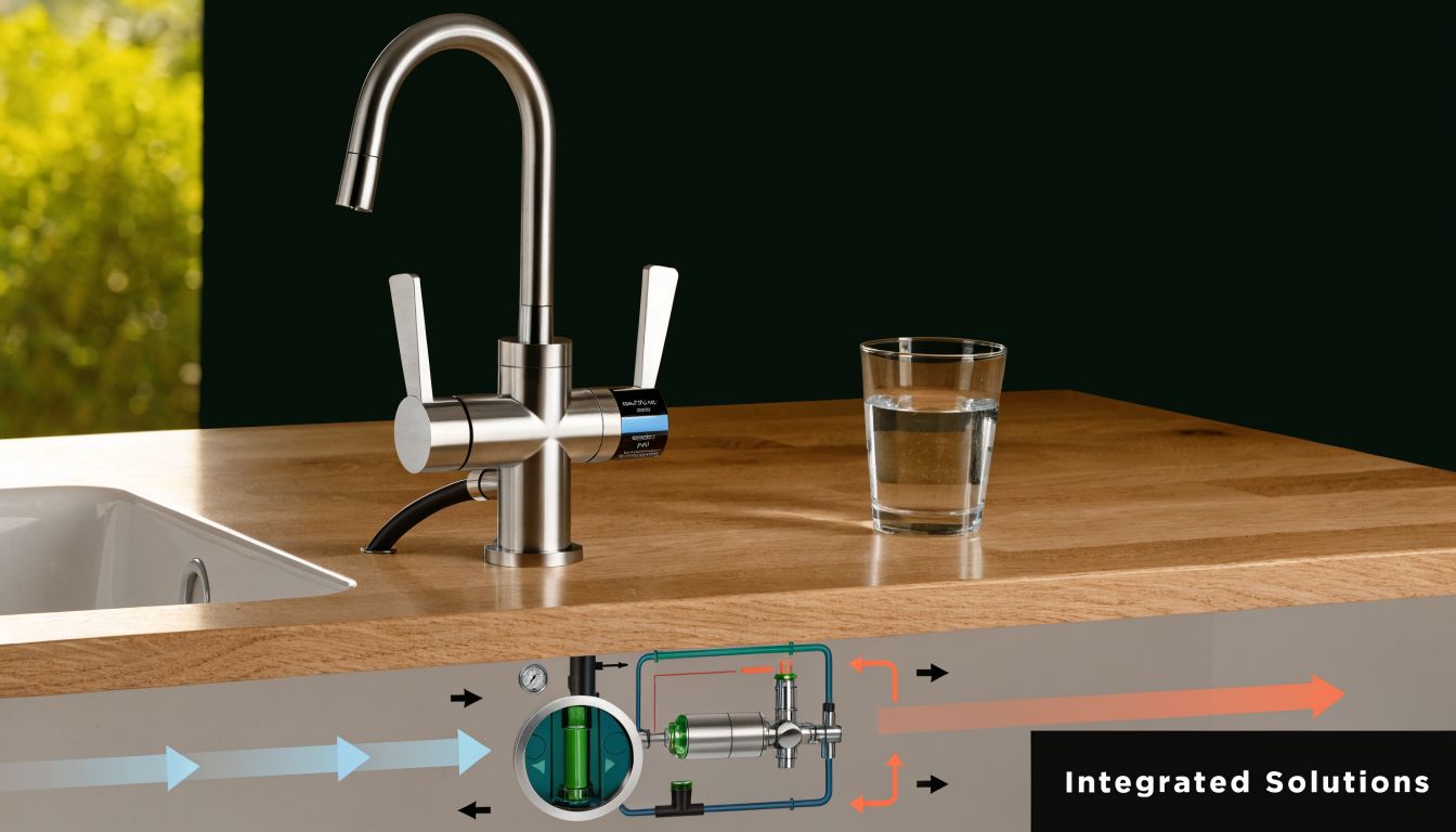 A modern brushed stainless steel 3-way kitchen mixer tap installed on a wooden countertop with under-sink filtration system.