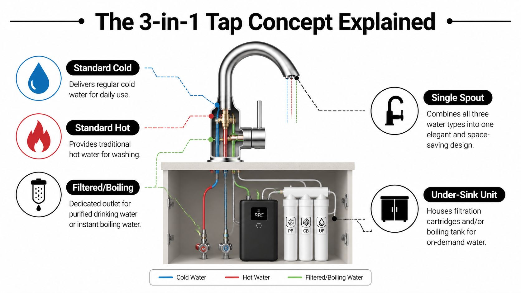 A diagram illustrating the functionality and components of a 3-in-1 kitchen tap with integrated filtration system.