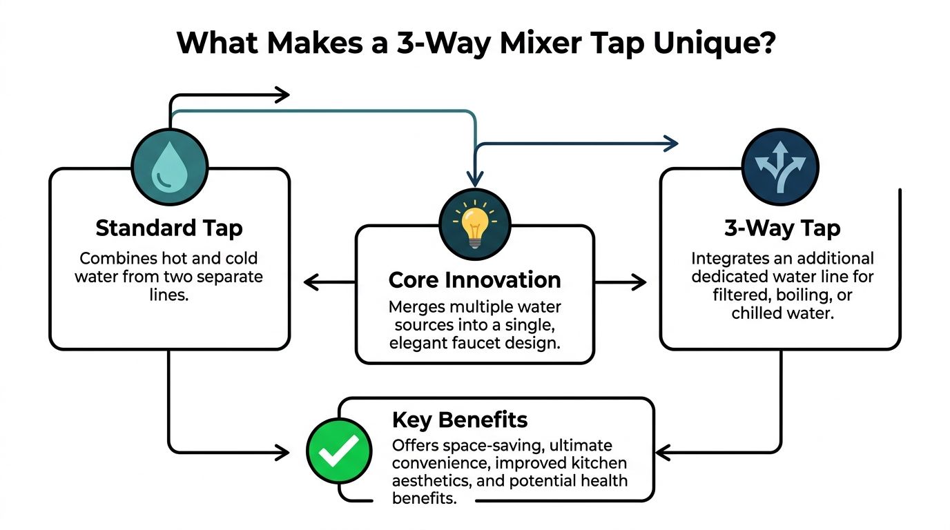 An infographic explaining the benefits and core innovation of a 3-way mixer tap in kitchen designs.