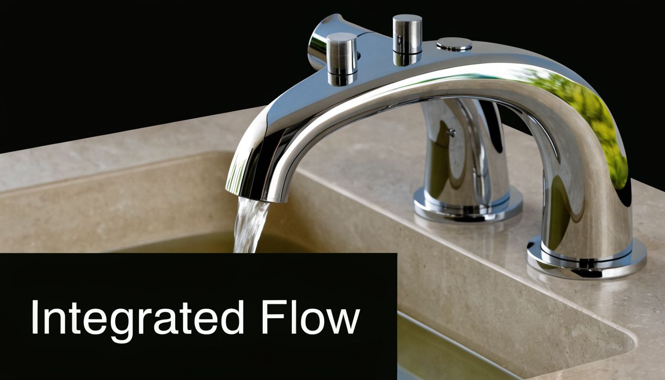 A modern chrome 3 way kitchen mixer tap discharging a steady stream of water into a stone sink.