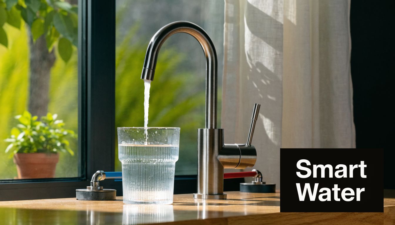 A modern metal kitchen faucet pouring water into a clear ribbed glass on a wooden countertop.