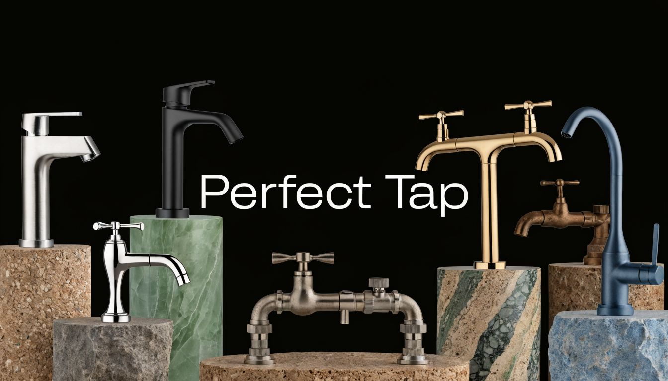 Various stylish faucet designs displayed on different stone pedestals against a dark black background.