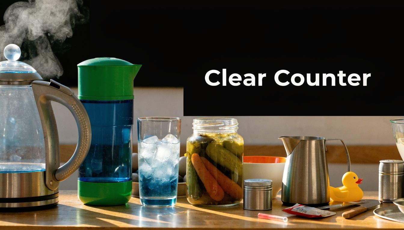 A kitchen counter displaying a steaming electric kettle, a glass of iced blue water, and a jar of pickles.