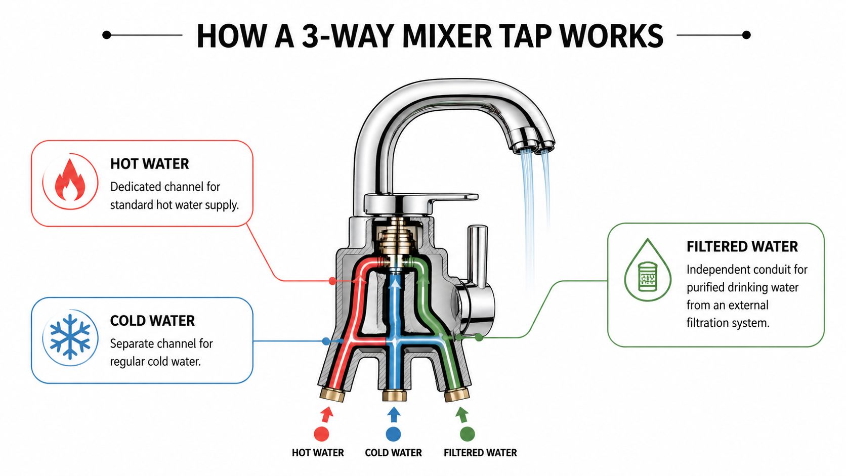 A diagram illustrating the internal plumbing and independent channels of a three-way kitchen mixer tap.