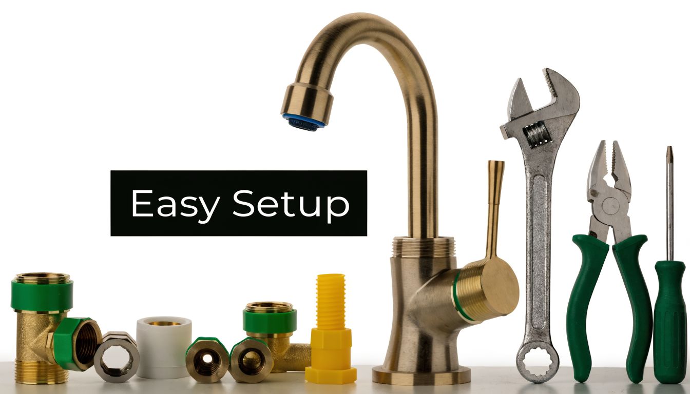 A modern 3 way mixer tap with various plumbing fittings and installation tools on a white background