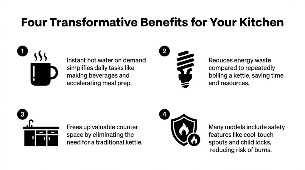 A four-point list graphic detailing the benefits of a 4-in-1 instant boiling water tap for kitchens.