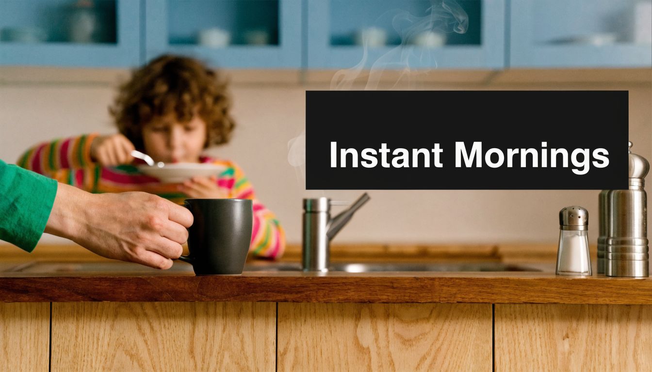 A person holds a coffee mug while a child eats breakfast in a modern kitchen setting.