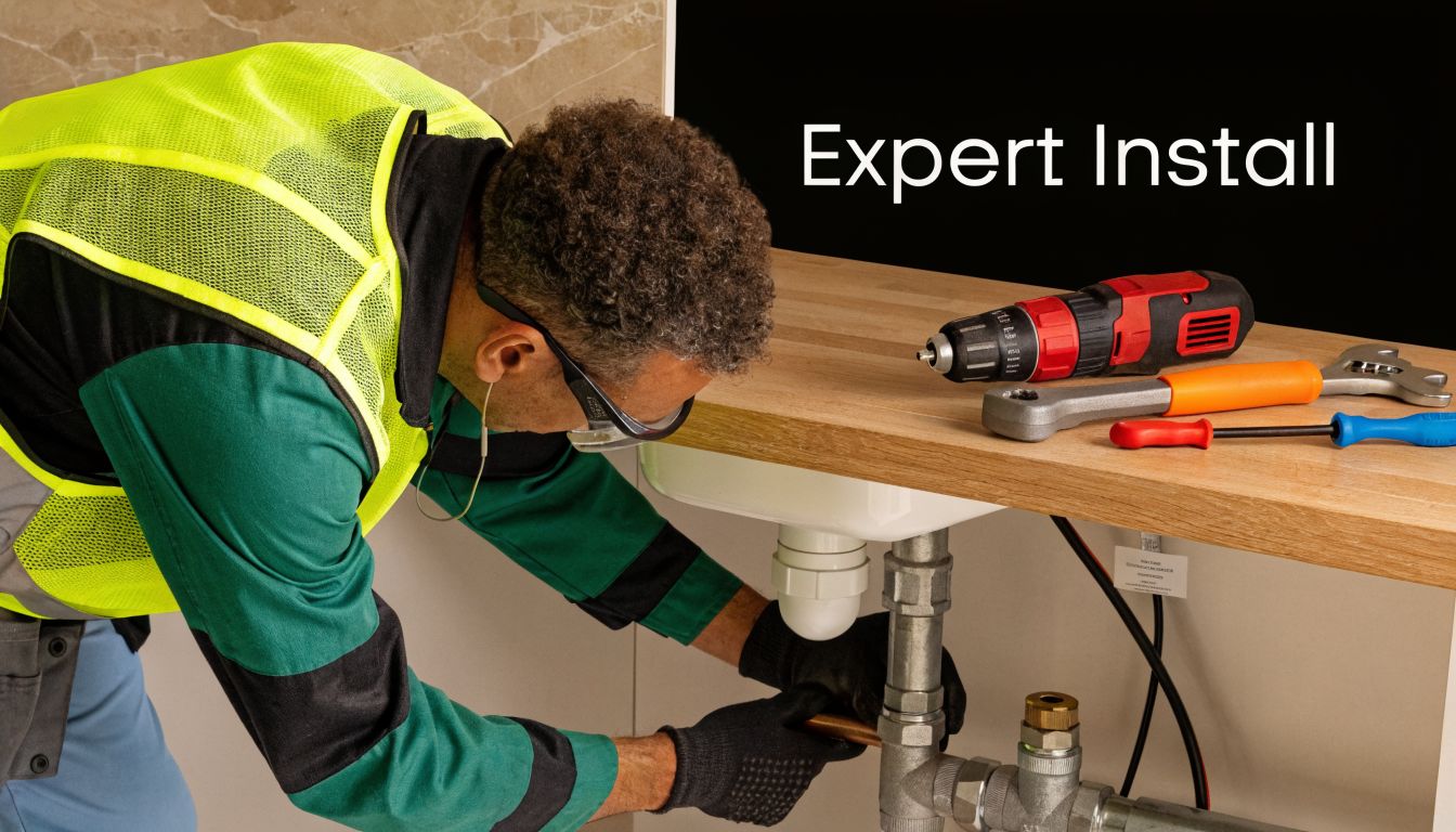 A professional plumber in a high-visibility vest and gloves works on installing a sink plumbing fixture.