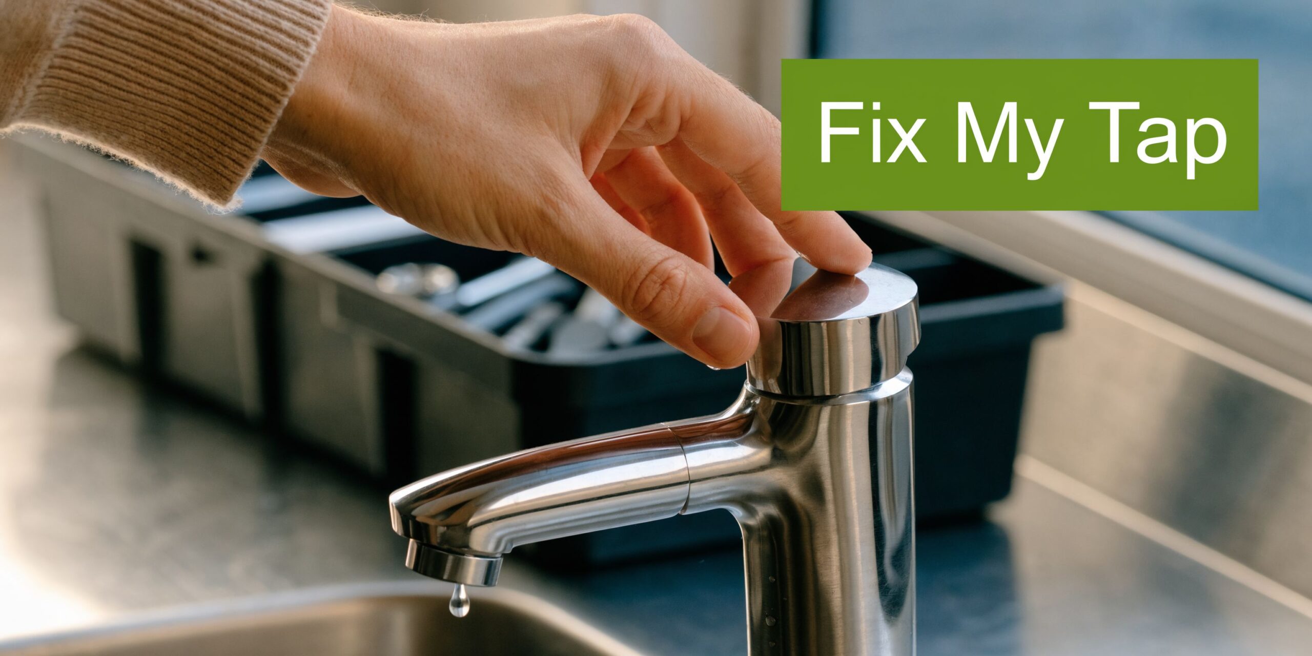 A close-up view of a person's hand pressing on top of a stainless steel automatic kitchen faucet.