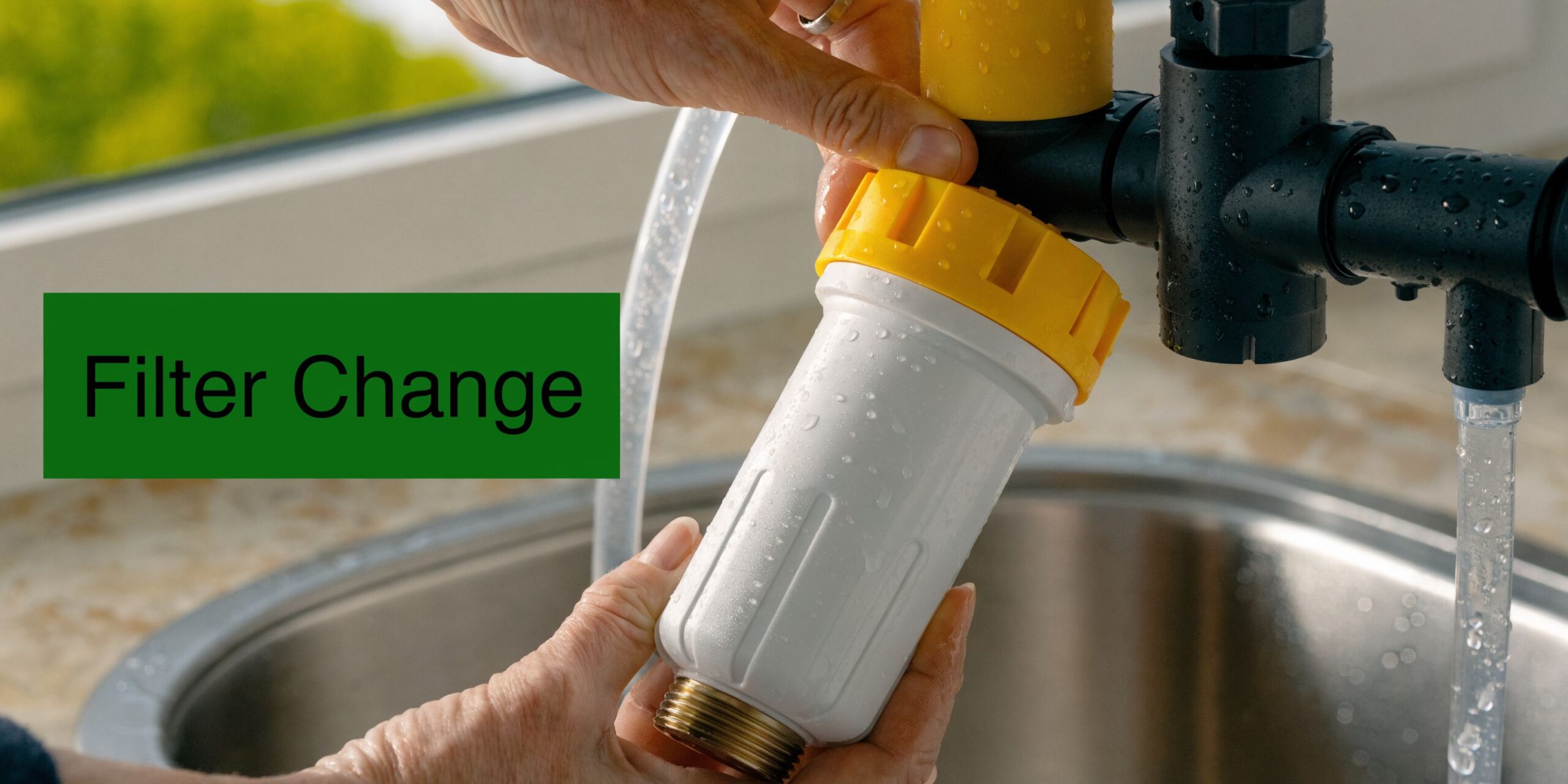 A person changing a white water filtration cartridge on a kitchen sink tap under running water.
