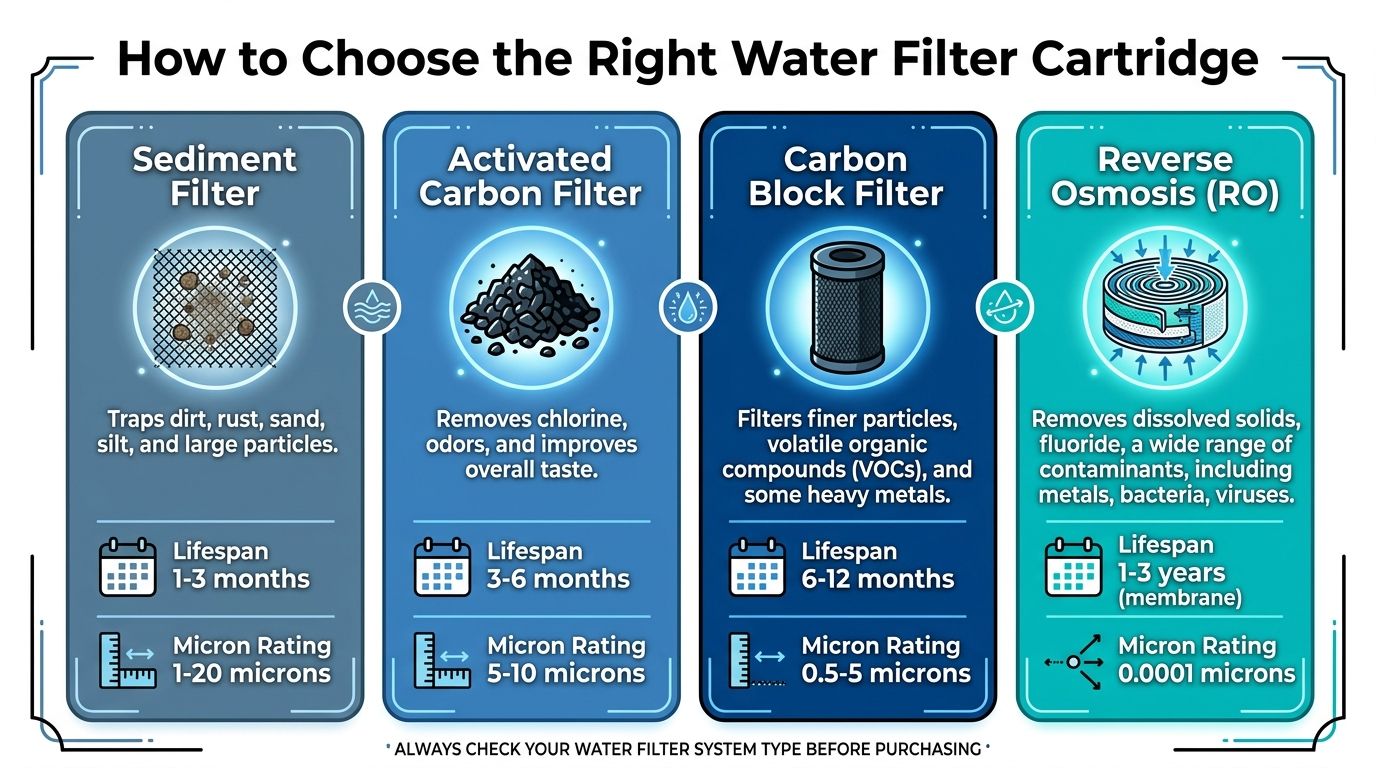 An infographic showing the lifespan and filtration ratings for sediment, carbon, and reverse osmosis water filter cartridges.