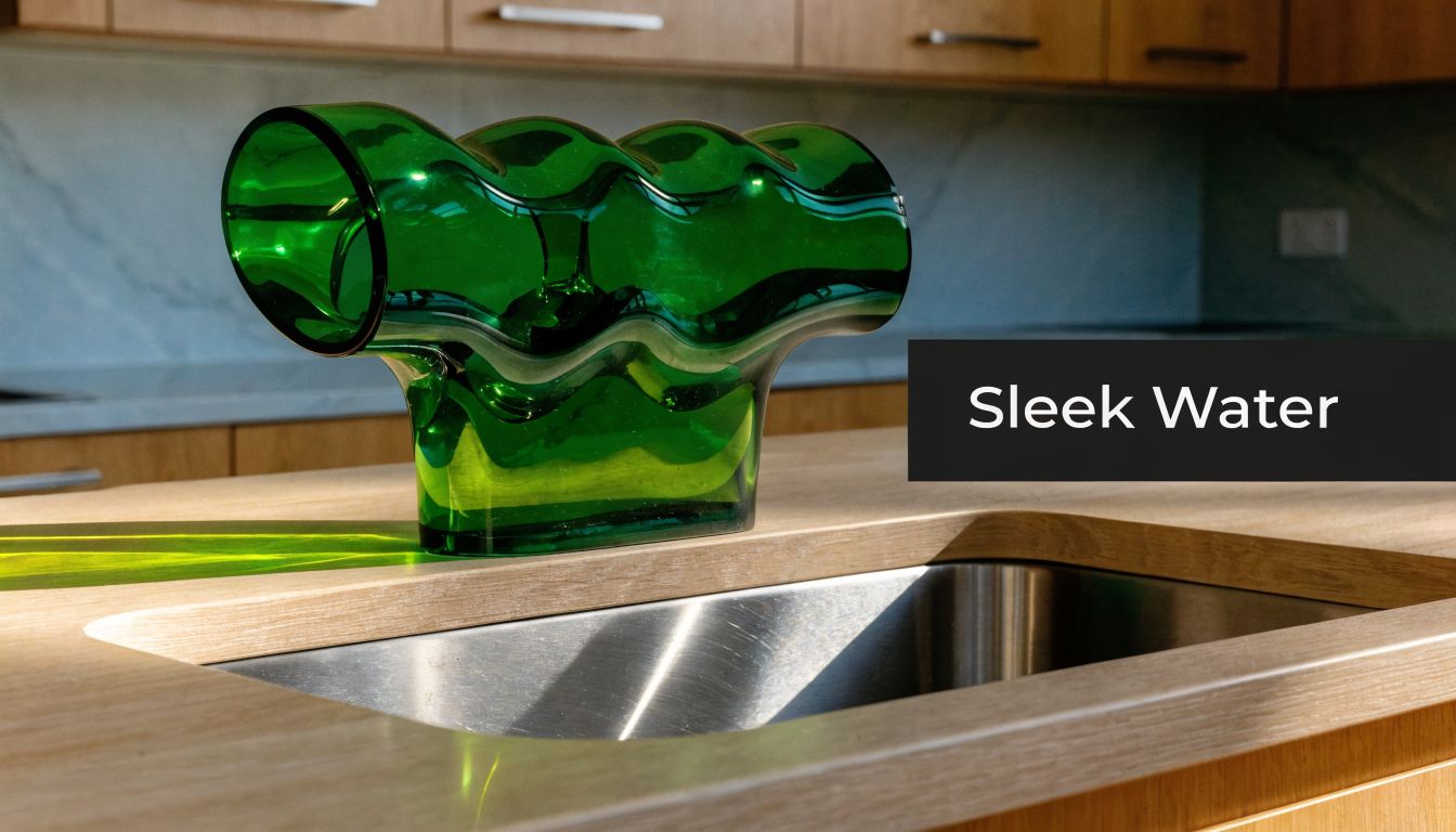 A modern green glass vase sits on a light wooden countertop next to a kitchen sink.