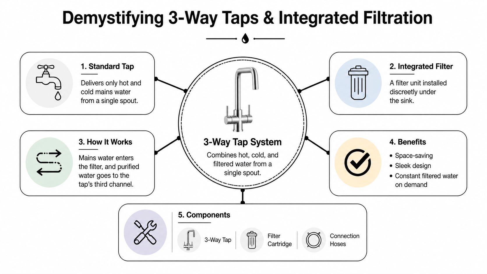 A diagram explaining how a 3-way tap system combines hot, cold, and filtered water under the sink.