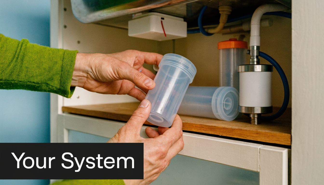 A person holding an empty plastic water filter cartridge housing under a kitchen sink.