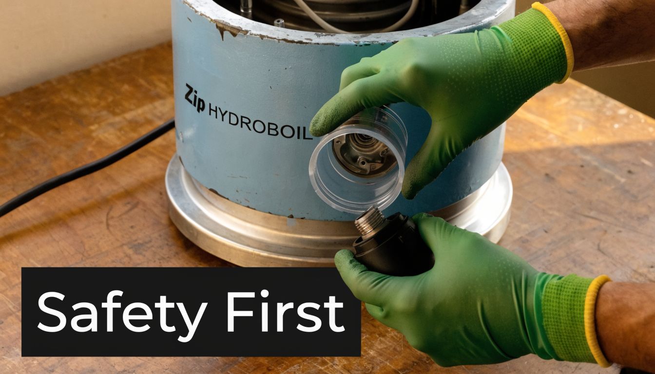 A technician wearing protective gloves performs maintenance on a Zip Hydroboil commercial hot water urn.