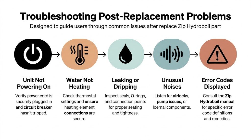 A troubleshooting infographic for Zip Hydroboil units showing steps to fix common post-replacement issues like power and leaks.