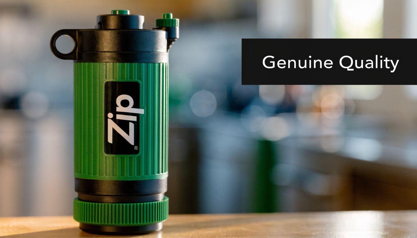 A close up view of a green and black Zip brand hot water dispenser unit on a table.