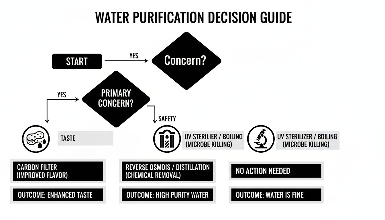 Flowchart outlining water purification decisions based on concerns like taste, safety, and chemical removal methods.