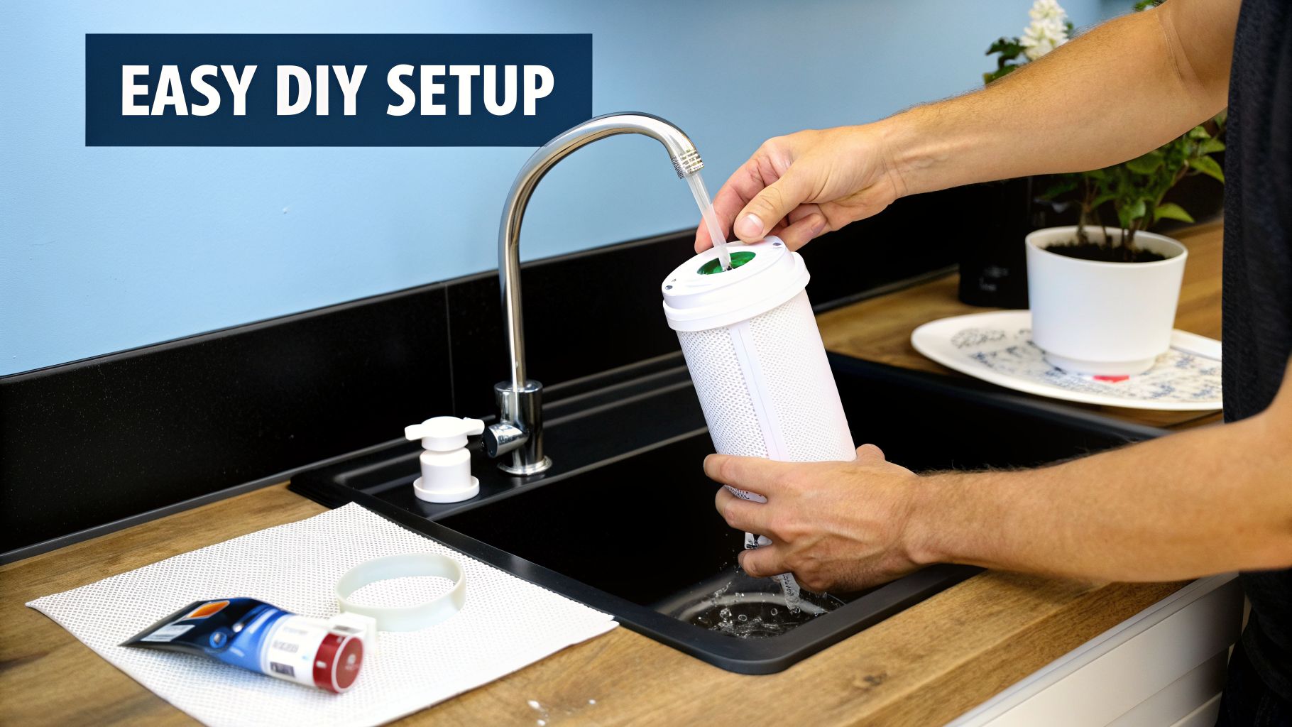 A person is installing a white water filter under a kitchen faucet for an easy DIY setup.