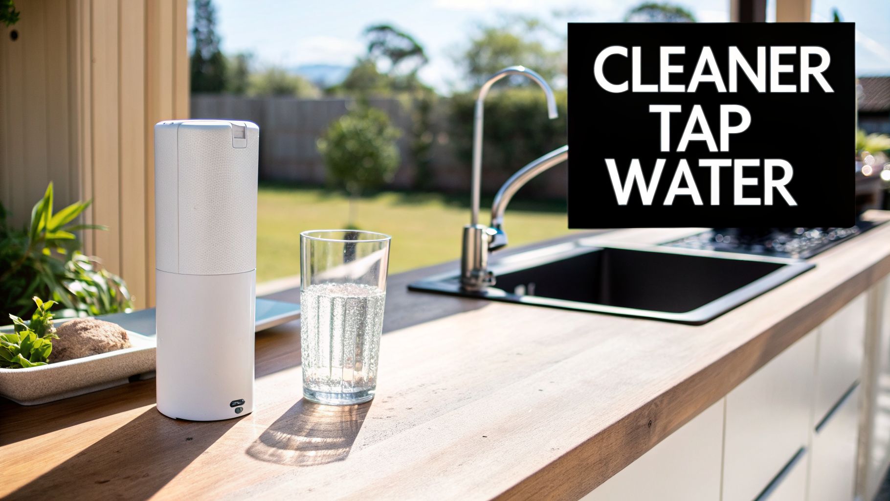 A white countertop water filter system and a glass of clean water on a wooden kitchen island.