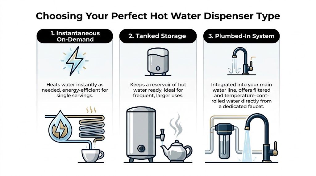 An infographic comparing three types of hot water dispensers: instantaneous, tanked storage, and plumbed-in systems.